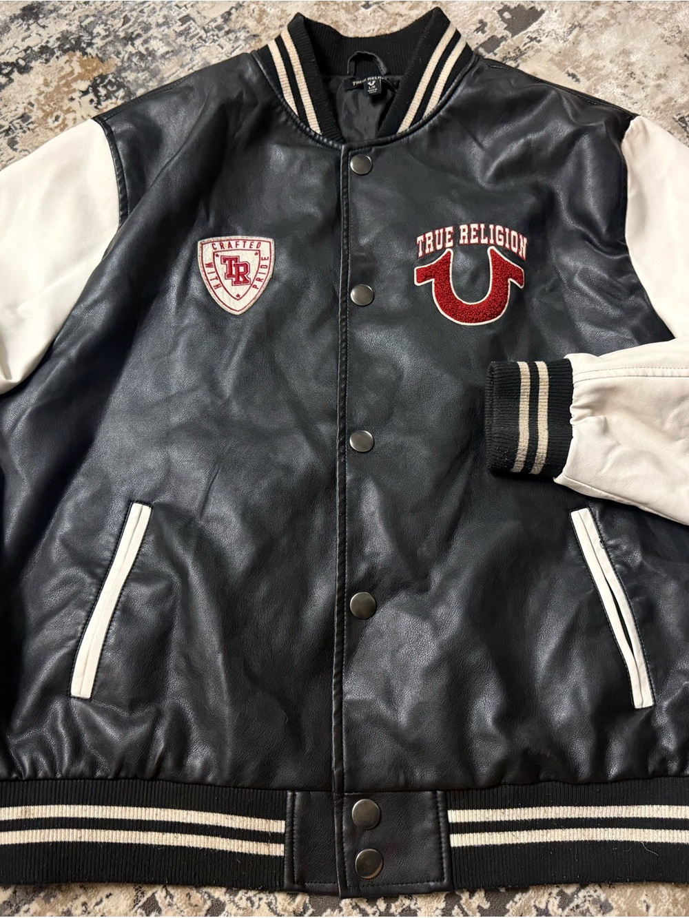 True Religion Black & White Leather Varsity Bomber Jacket with Red Patches